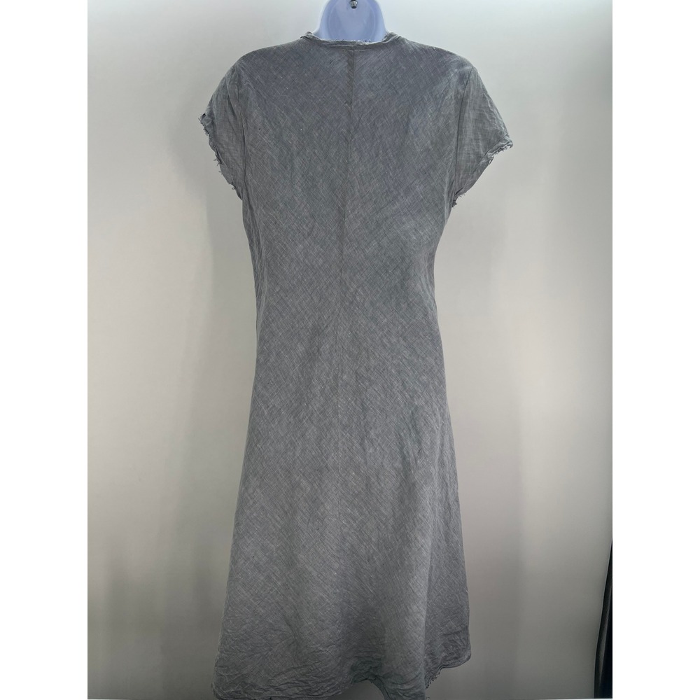 Eileen Fisher M Lagenlook Organic Linen V-Neck Frayed Edge Blue Gray Dress - Picture 2 of 9